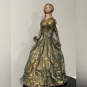 Elegant Gold and Green  paper mache Figurine with porcelain hands and feet